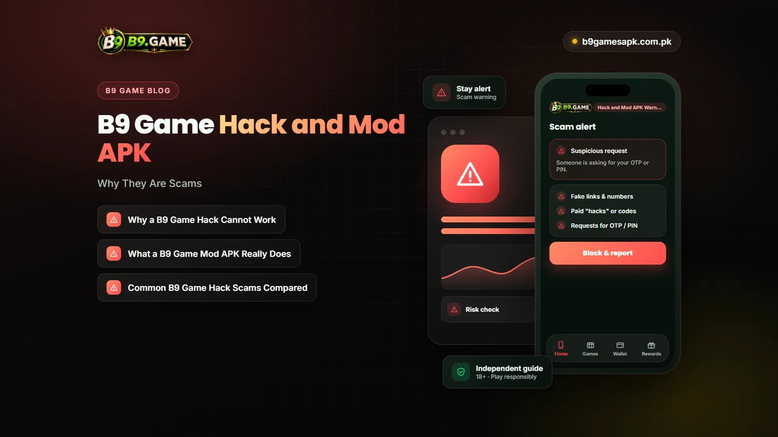 Warning sign over a fake B9 Game hack and mod APK download