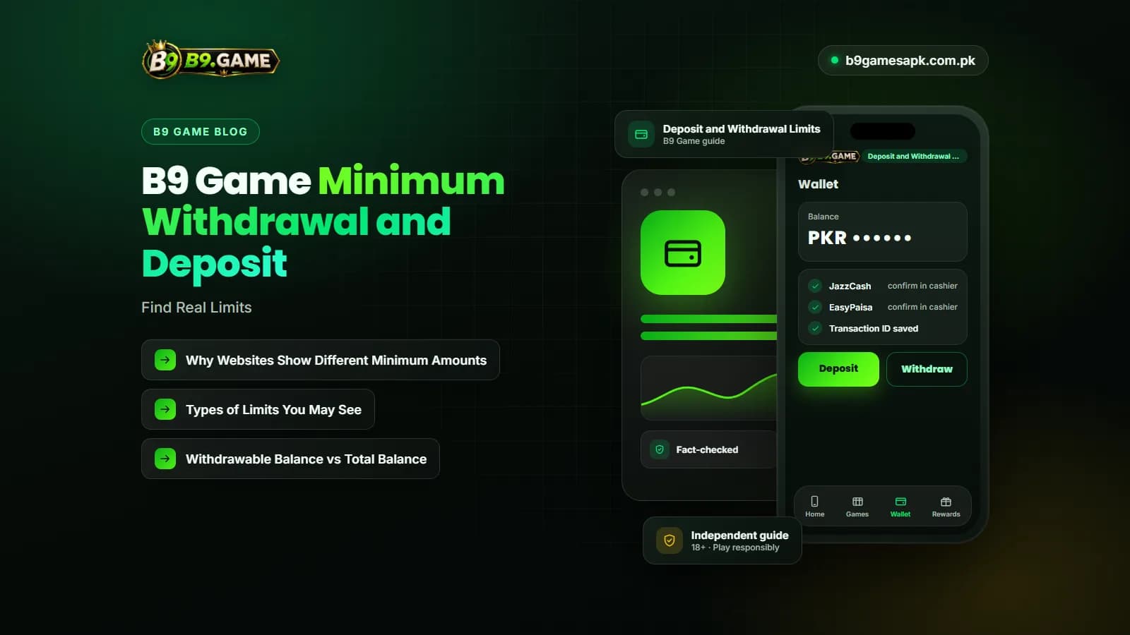 Wallet screen with minimum and maximum amount fields for B9 Game deposits and withdrawals