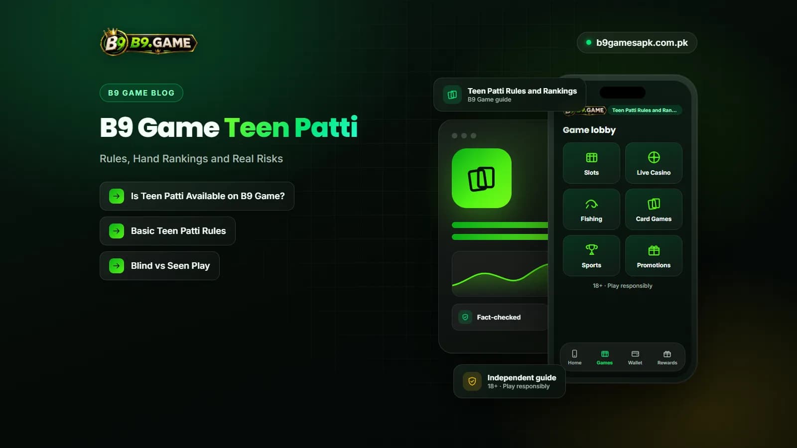 Three playing cards showing a Teen Patti hand for the B9 Game Teen Patti guide