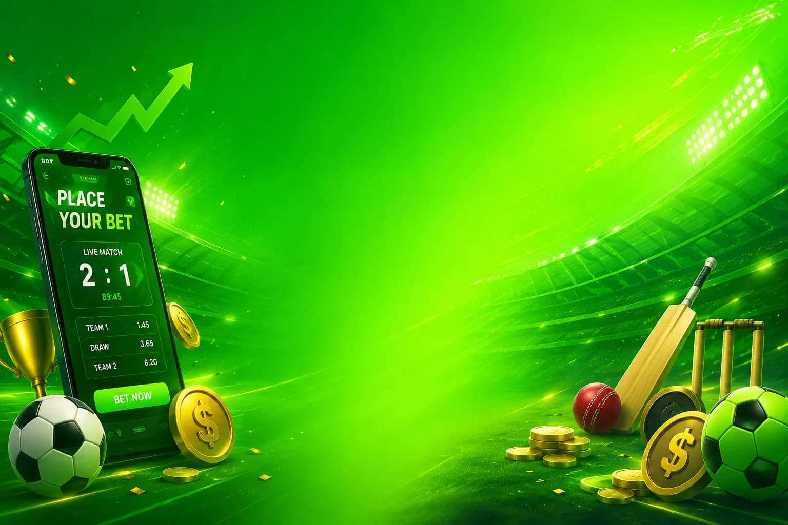 B9Game mobile betting app showing live match odds, football and cricket in a stadium